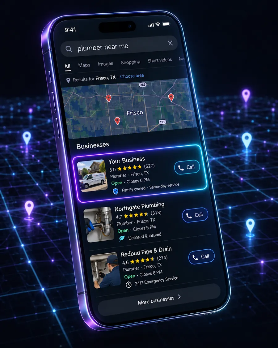 Google local search results for "plumber near me" in Frisco, TX, with the top-ranked business listing highlighted