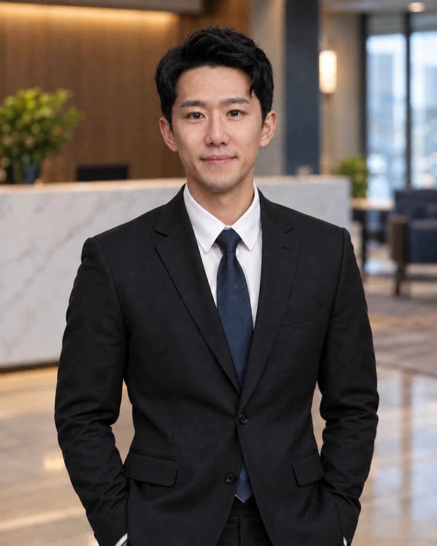 Mike Zhang, owner of Avant Dallas SEO, standing in an office lobby in Frisco, Texas