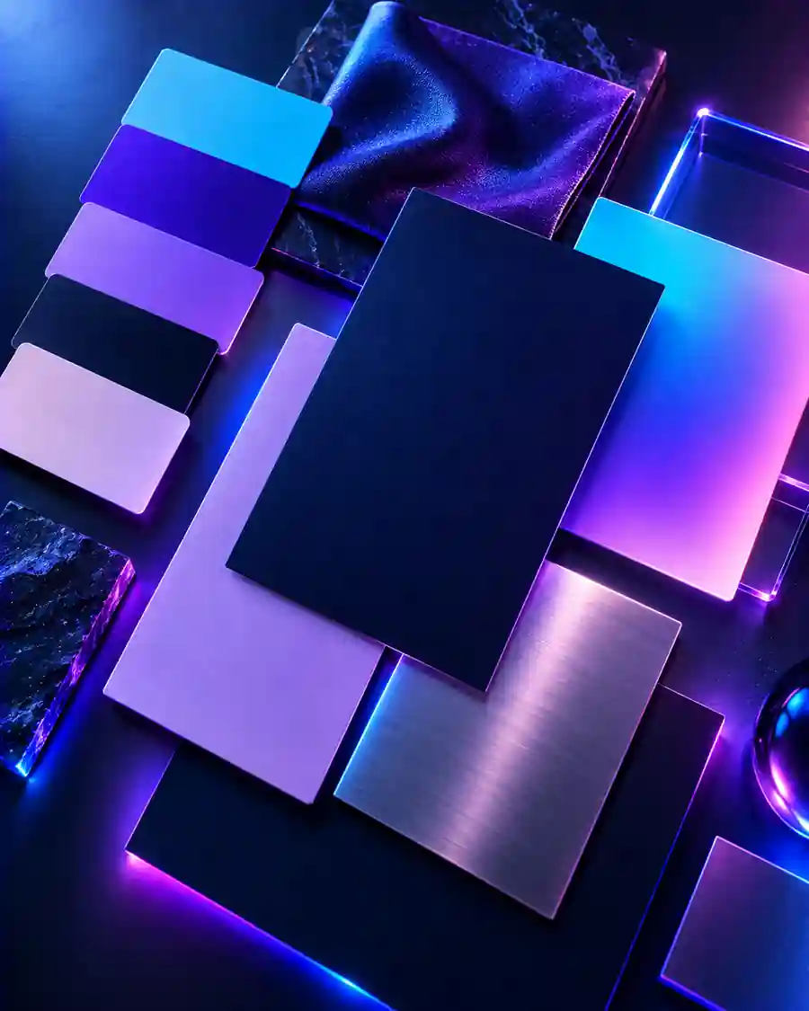 An overhead arrangement of blank color swatches, fabric, metal and paper samples.