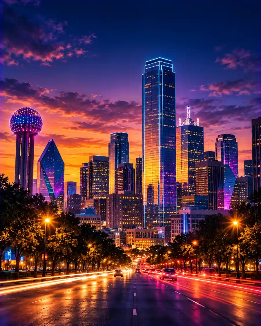 The Dallas skyline at dusk seen from street level along a wide avenue.