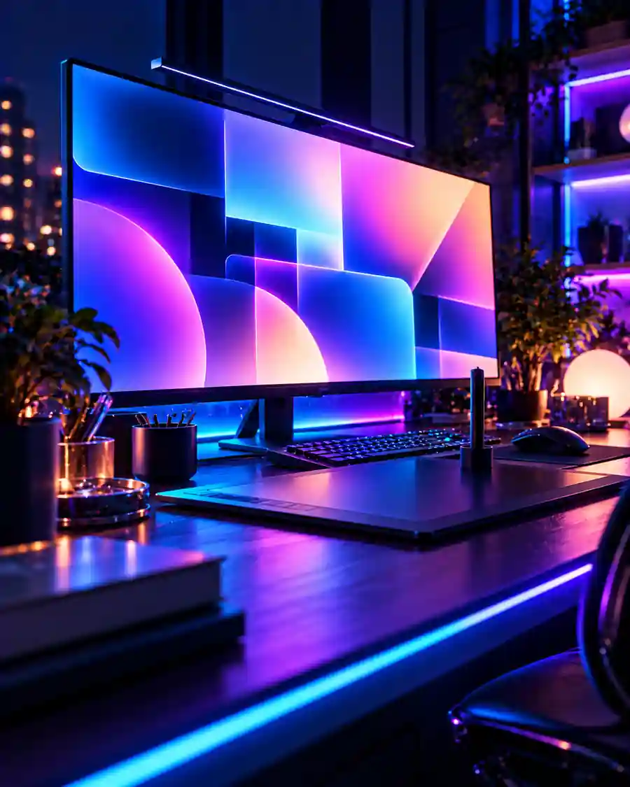 A designer's desk at night with a large monitor showing an abstract page layout.