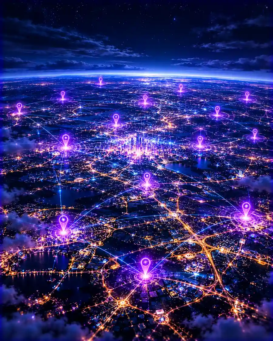 A high altitude night view of the Dallas Fort Worth metroplex with location pins across the region.