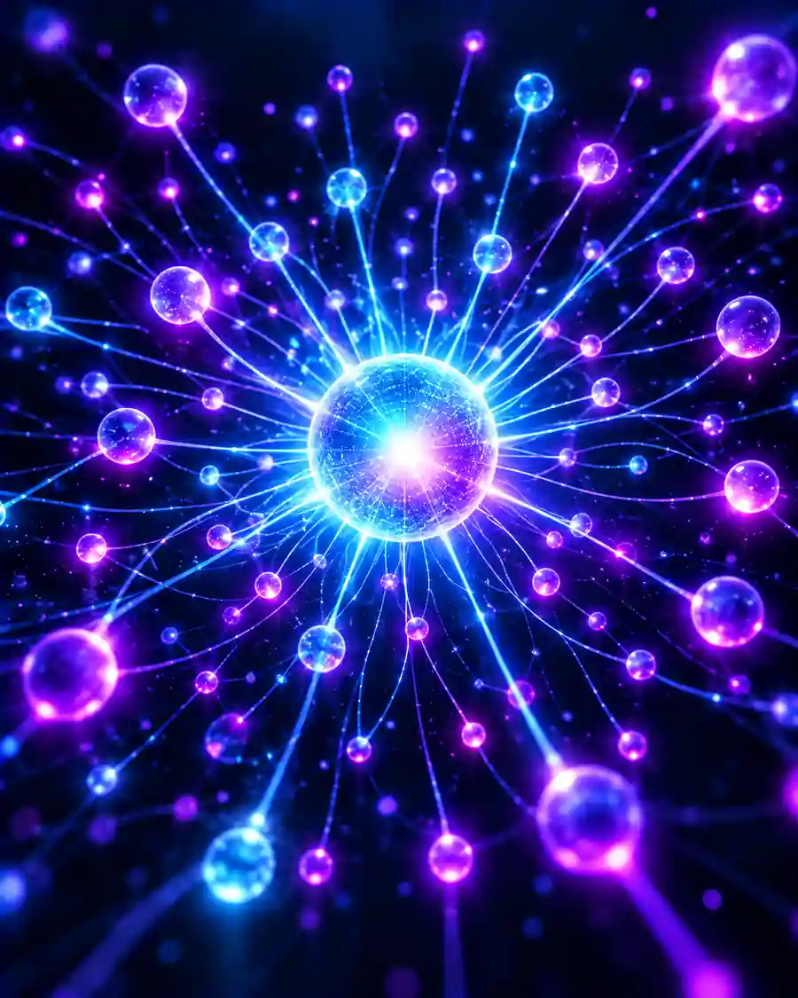 A glowing central hub with lines radiating outward to many smaller connected nodes.