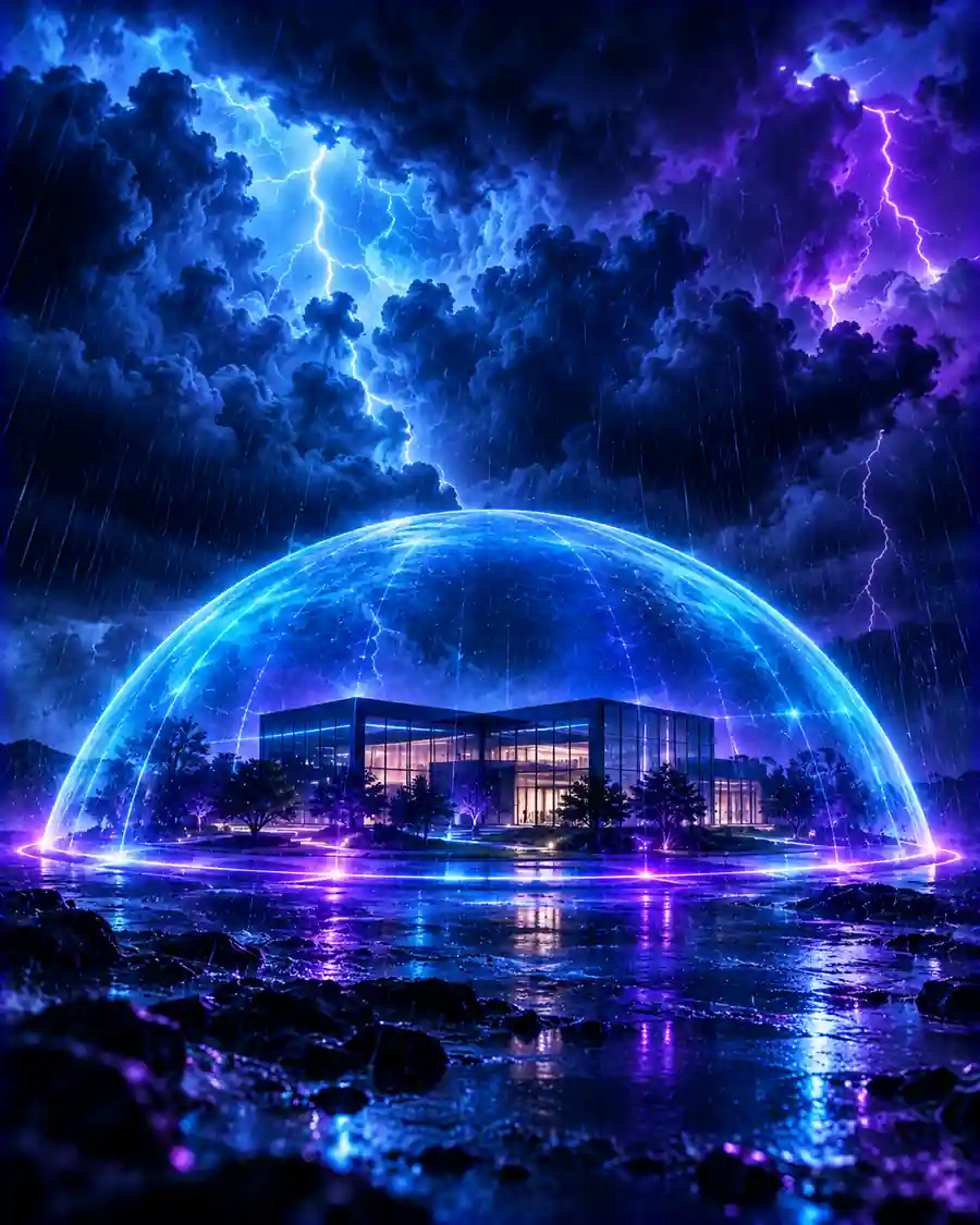 A building beneath a protective glowing dome as a storm passes overhead.