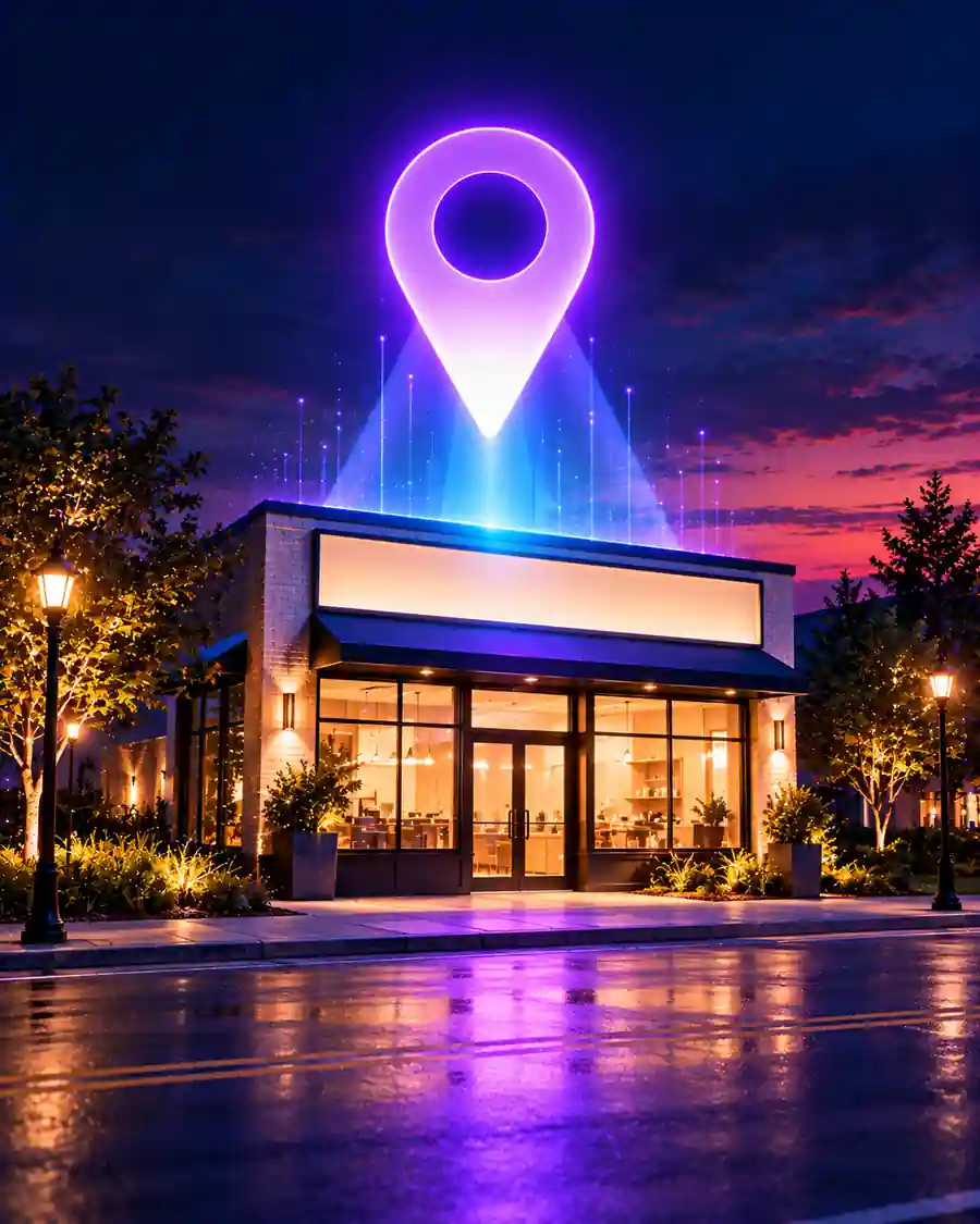 A small storefront at dusk with a large glowing map pin hovering above it.