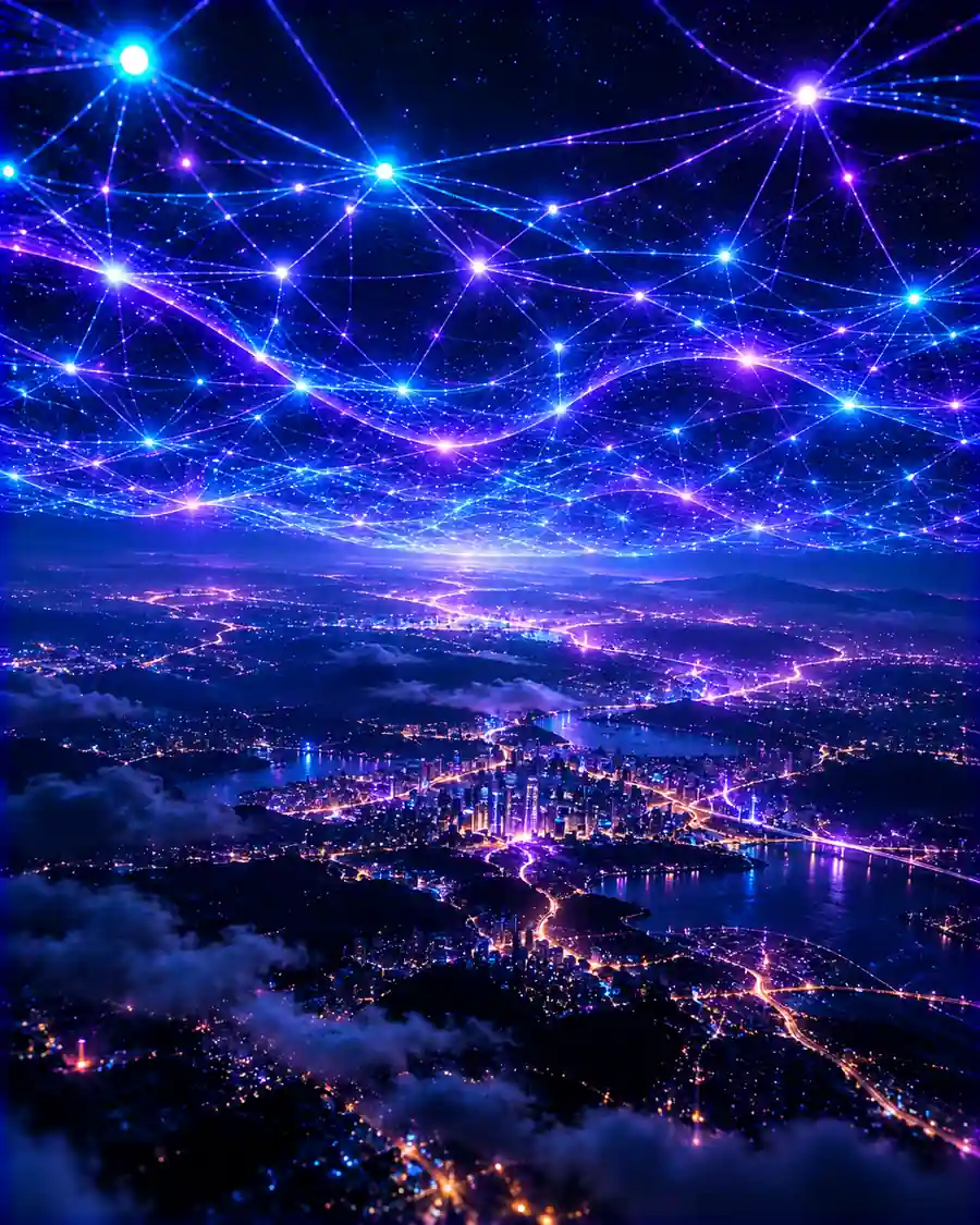 A wide glowing network mesh spanning the sky above a night city.