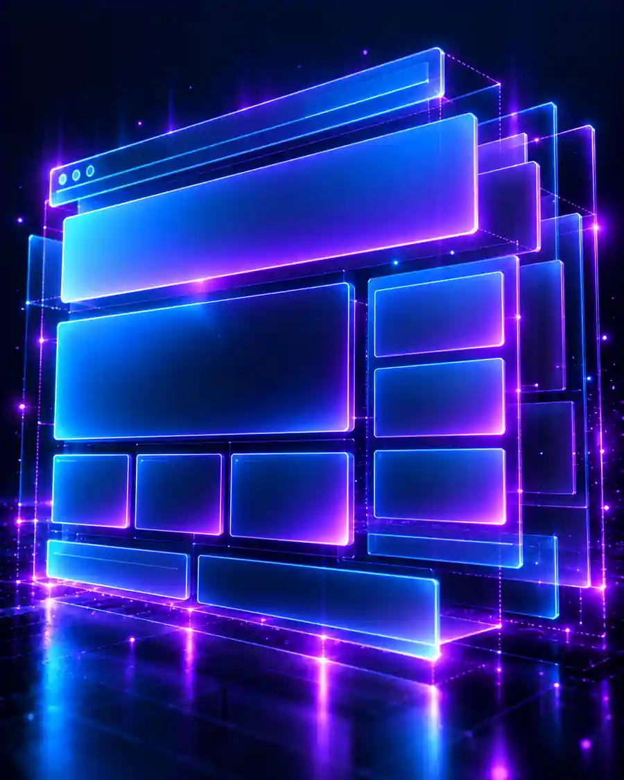 A glowing wireframe of a web page layout with its sections separated into floating layers.