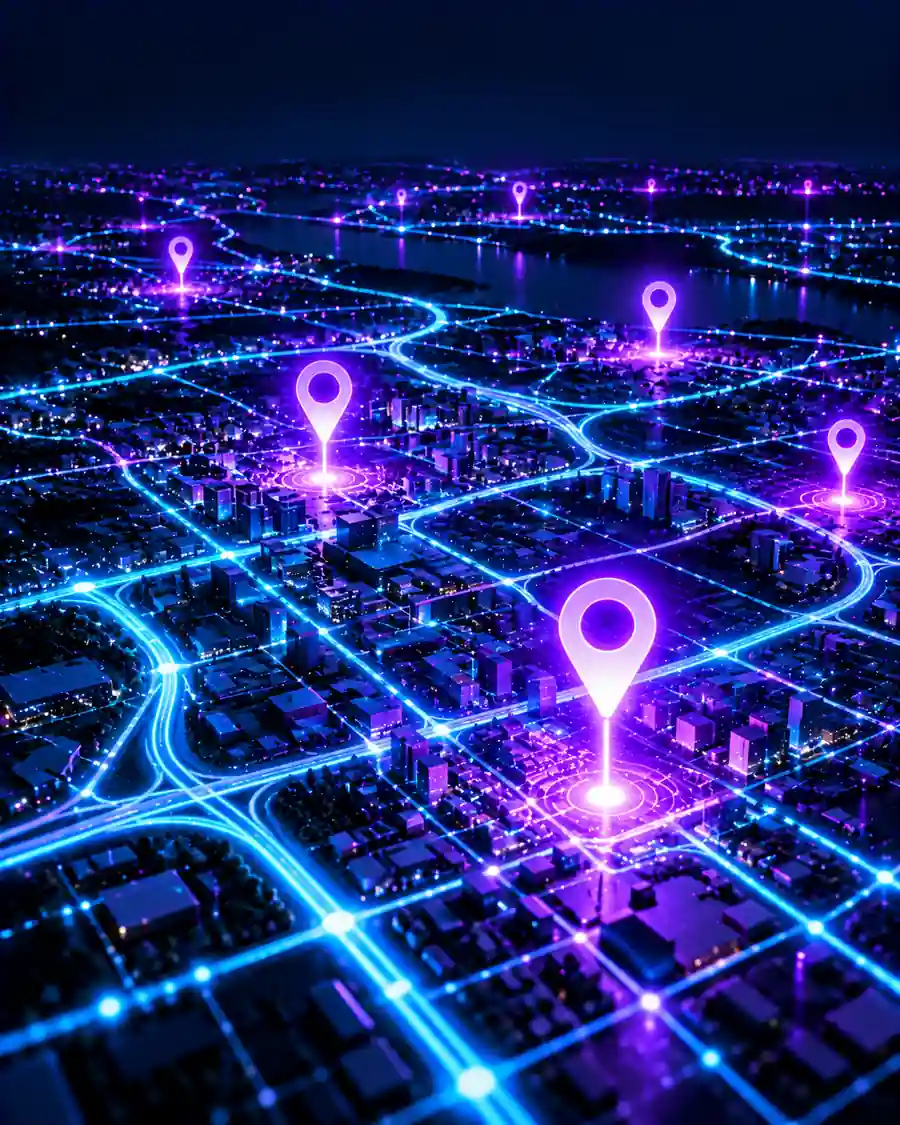 A glowing three-dimensional city street map with location pins marking local business positions.