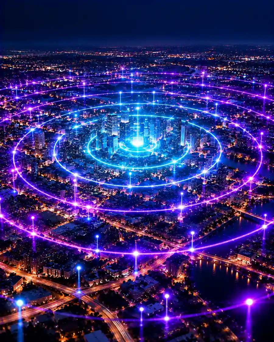 Concentric rings of light spreading outward across a night city, illustrating widening local reach.
