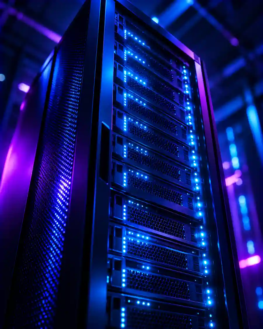 A single server rack close up with cool blue cooling light and a grid of status lights.