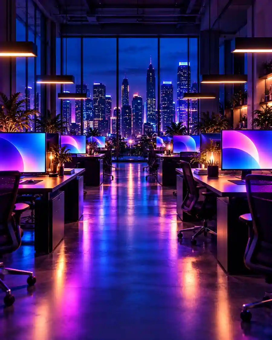 A modern open plan agency office at dusk with glowing monitors and a city skyline beyond.