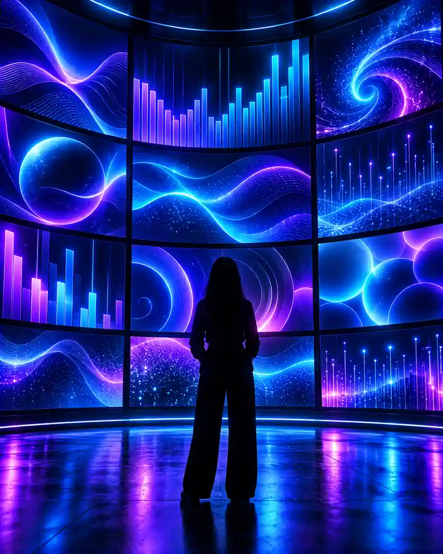 A person in silhouette facing a curved wall of glowing data panels.