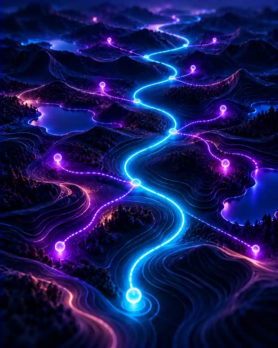 A single lit route threading through dark terrain, branching at several decision points.