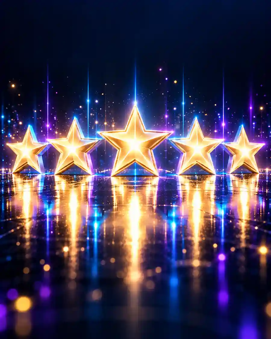 Five glowing gold stars reflected on a dark polished surface.