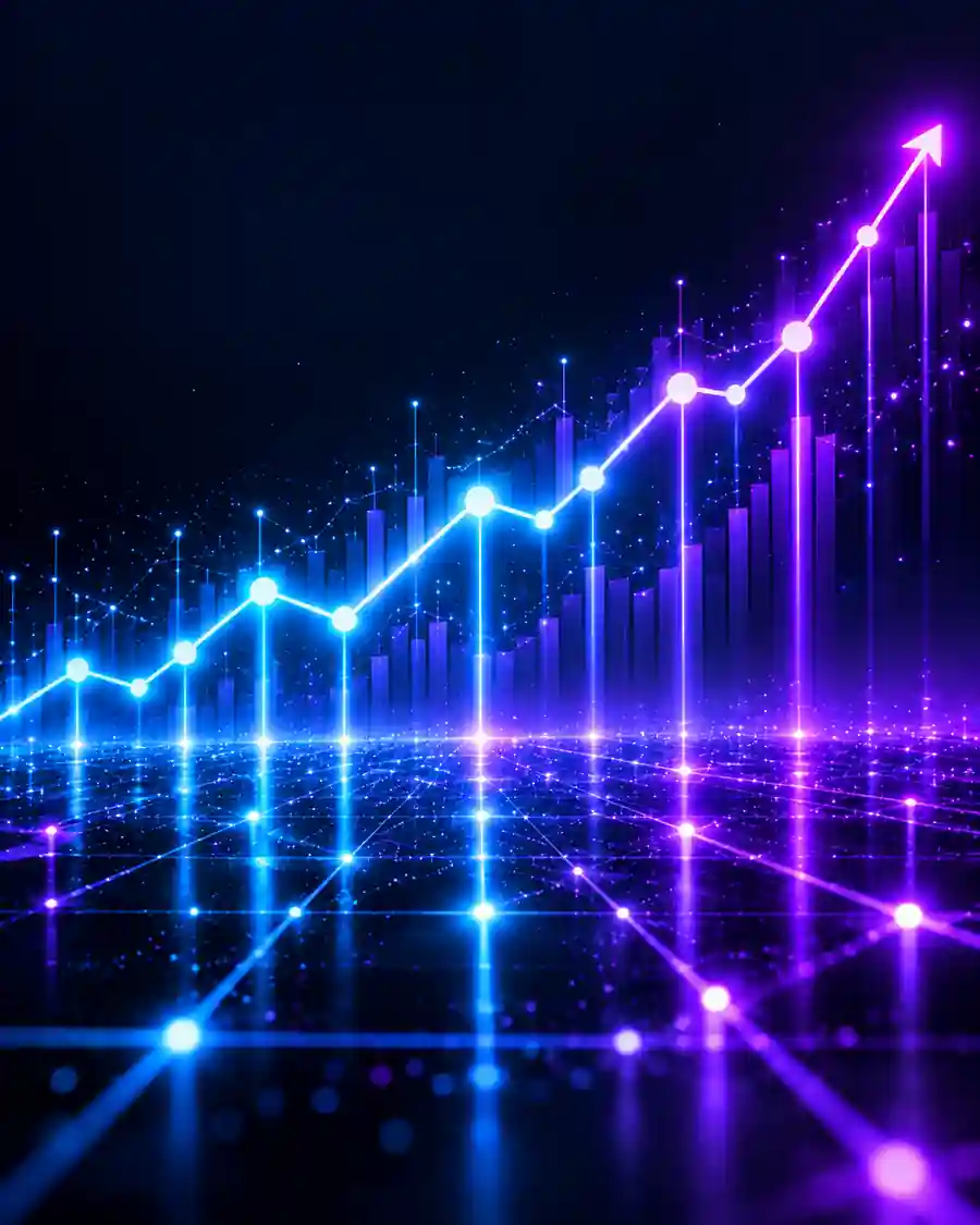 An upward trending line chart glowing above a dark grid, illustrating search ranking growth.