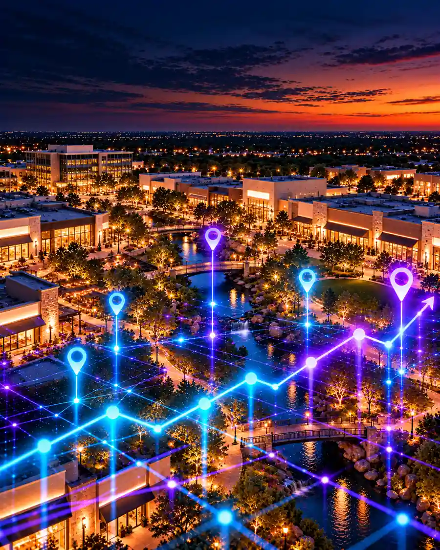 The Watters Creek district in Allen at dusk with its creek and footbridges, overlaid with illustrated map pins and a rising trend line.