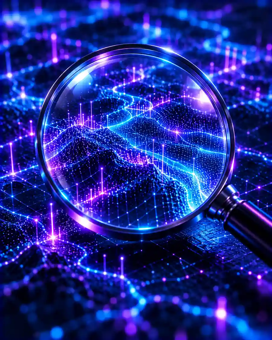 A magnifying lens held over a glowing data surface, revealing finer detail beneath it.