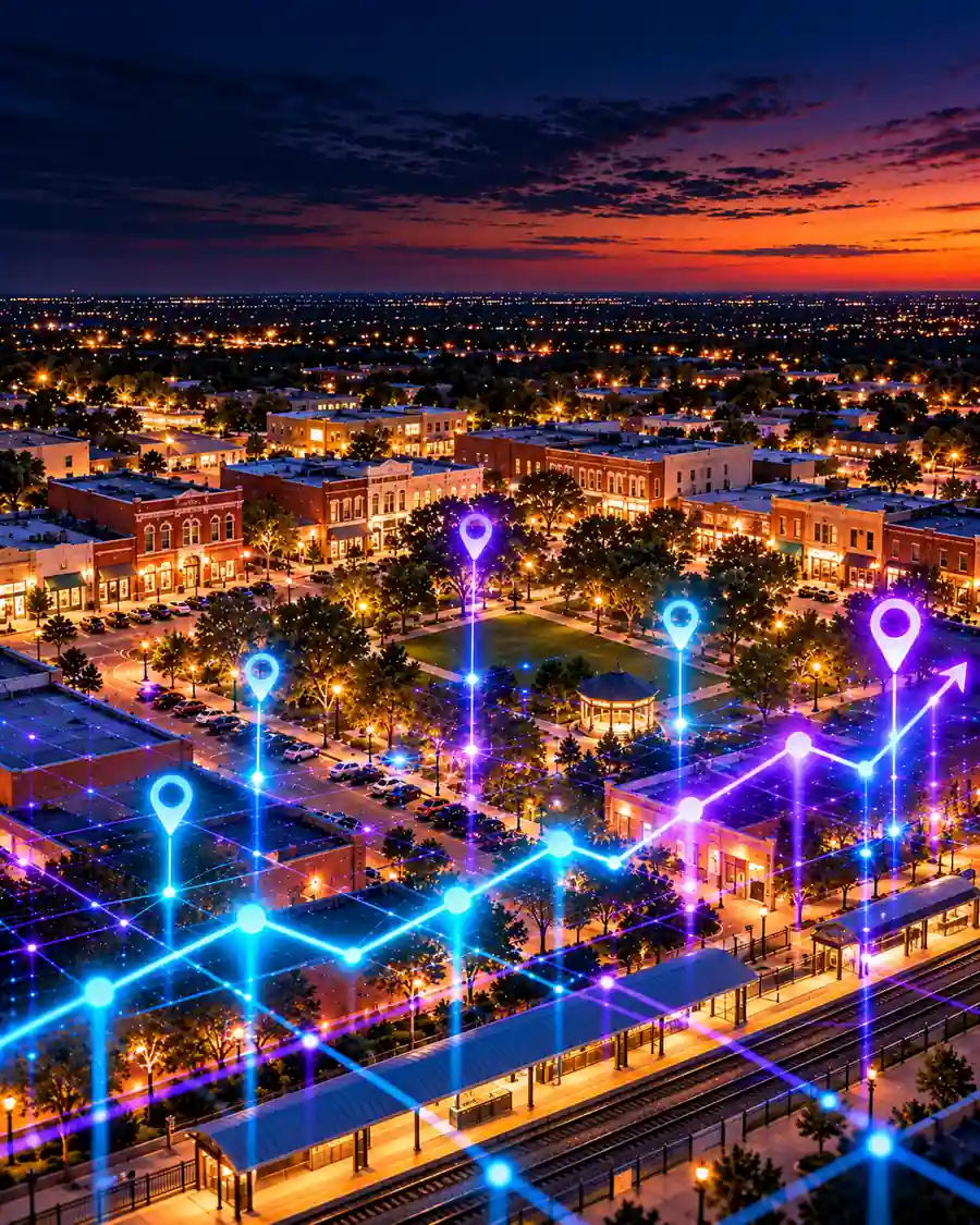 The historic Downtown Carrollton square at dusk with its green park and red brick storefronts, overlaid with illustrated map pins and a rising trend line.