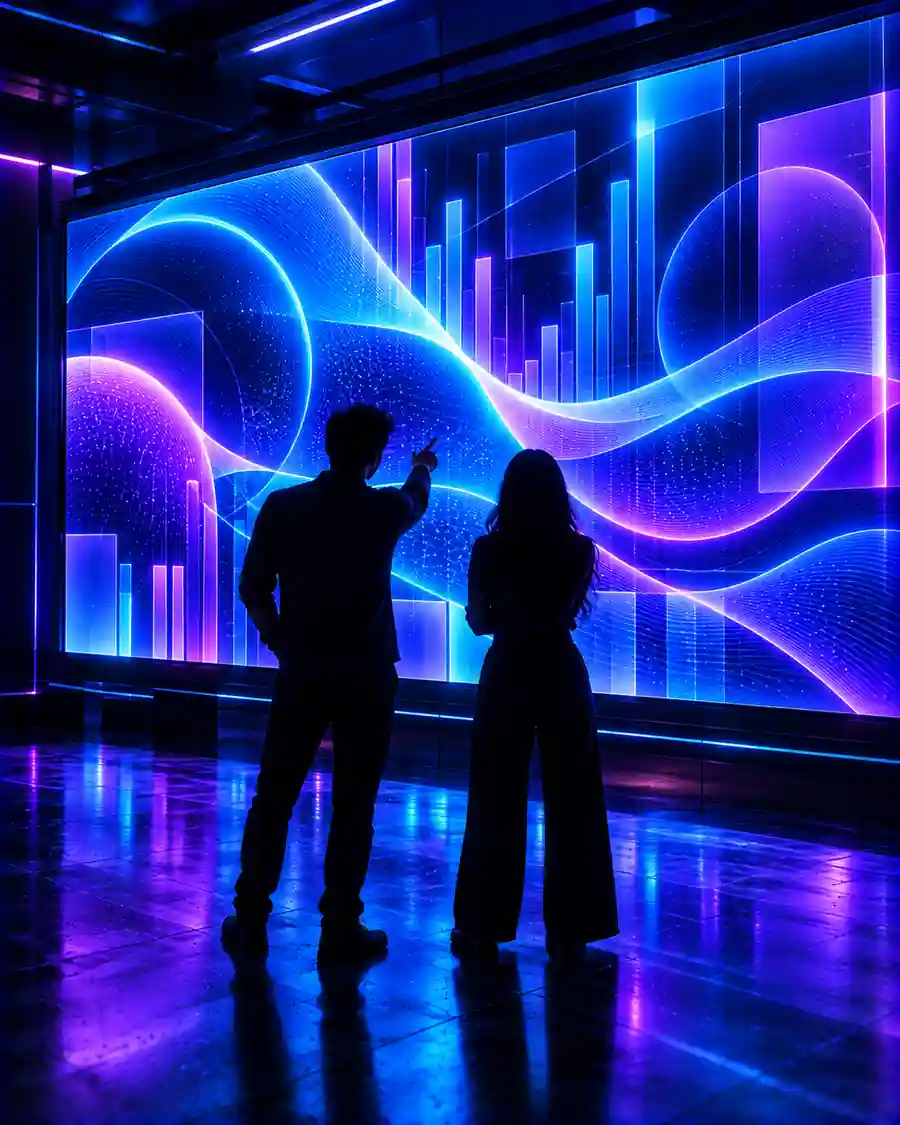 Two people in silhouette reviewing a large glowing screen of abstract data.