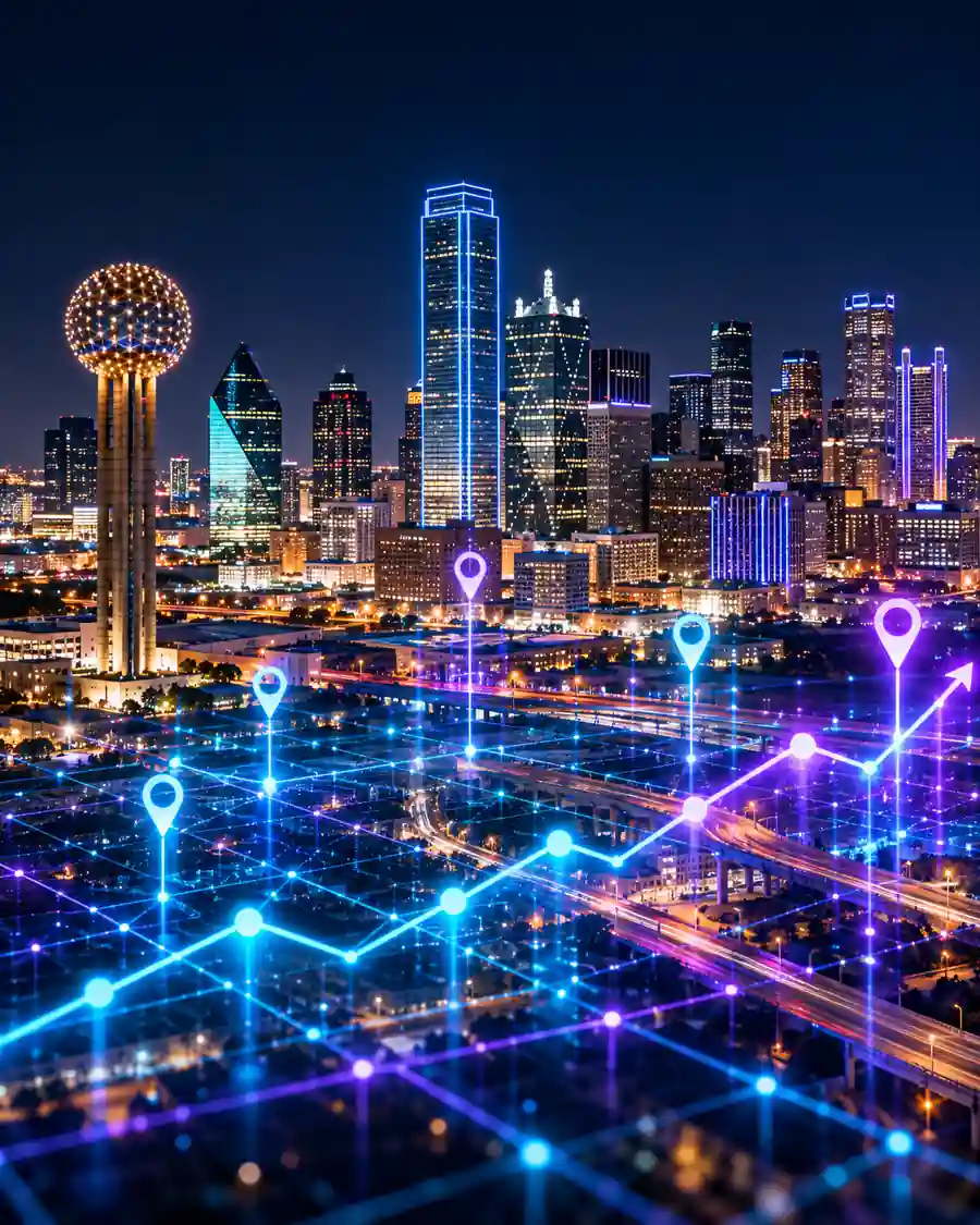 Downtown Dallas skyline at night with Reunion Tower, overlaid with illustrated map pins and a rising trend line.