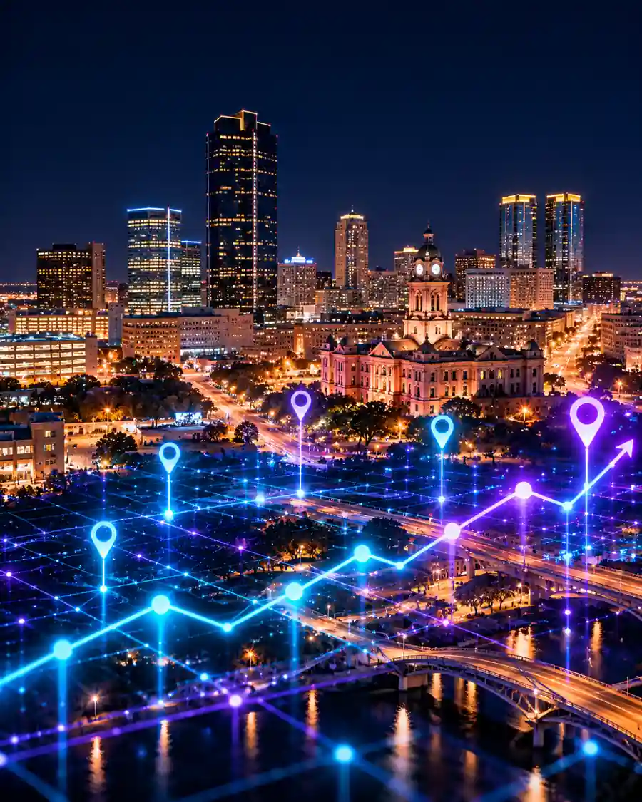 Downtown Fort Worth at night with the Tarrant County Courthouse clock tower, overlaid with illustrated map pins and a rising trend line.