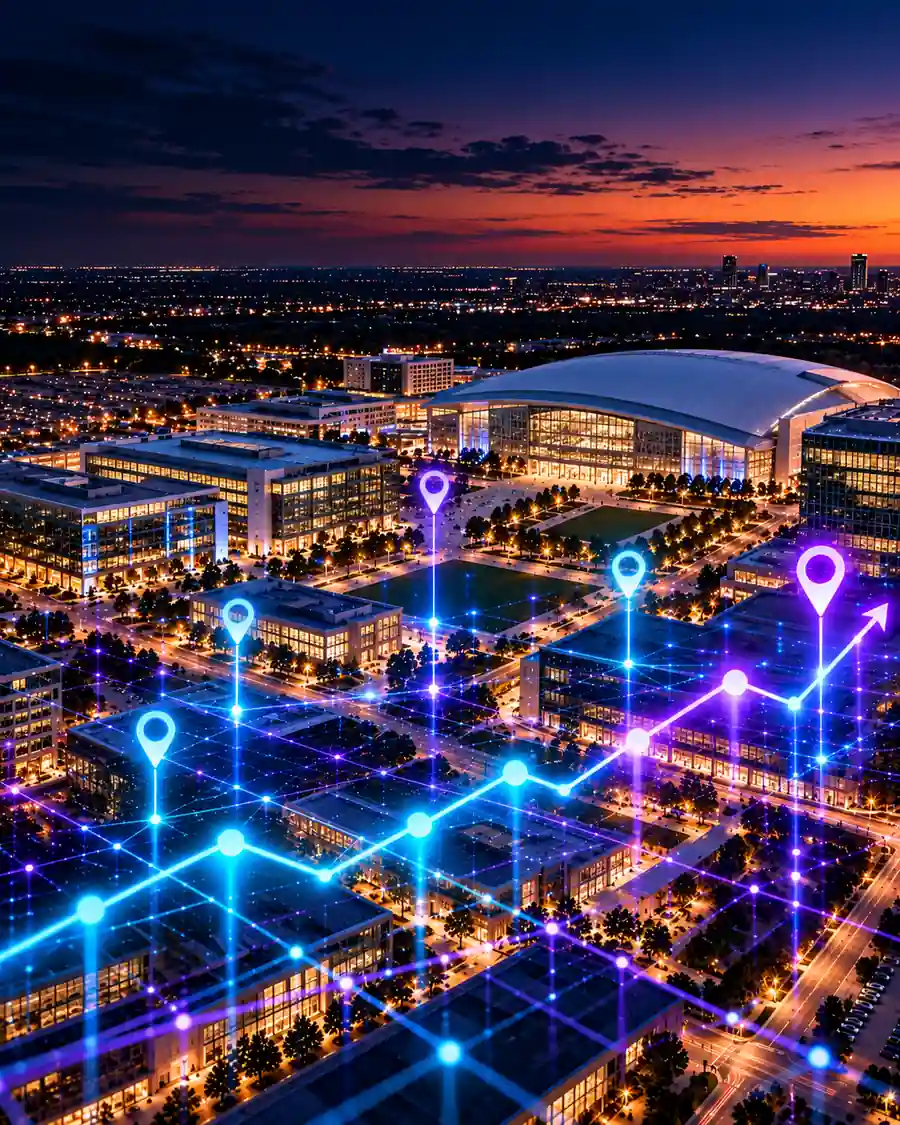 The Star district in Frisco at dusk with its domed indoor practice facility, overlaid with illustrated map pins and a rising trend line.