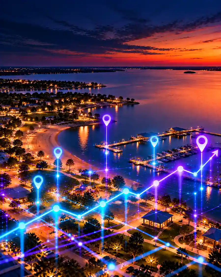 The Lake Lewisville waterfront at Little Elm at dusk with its beach and marina, overlaid with illustrated map pins and a rising trend line.