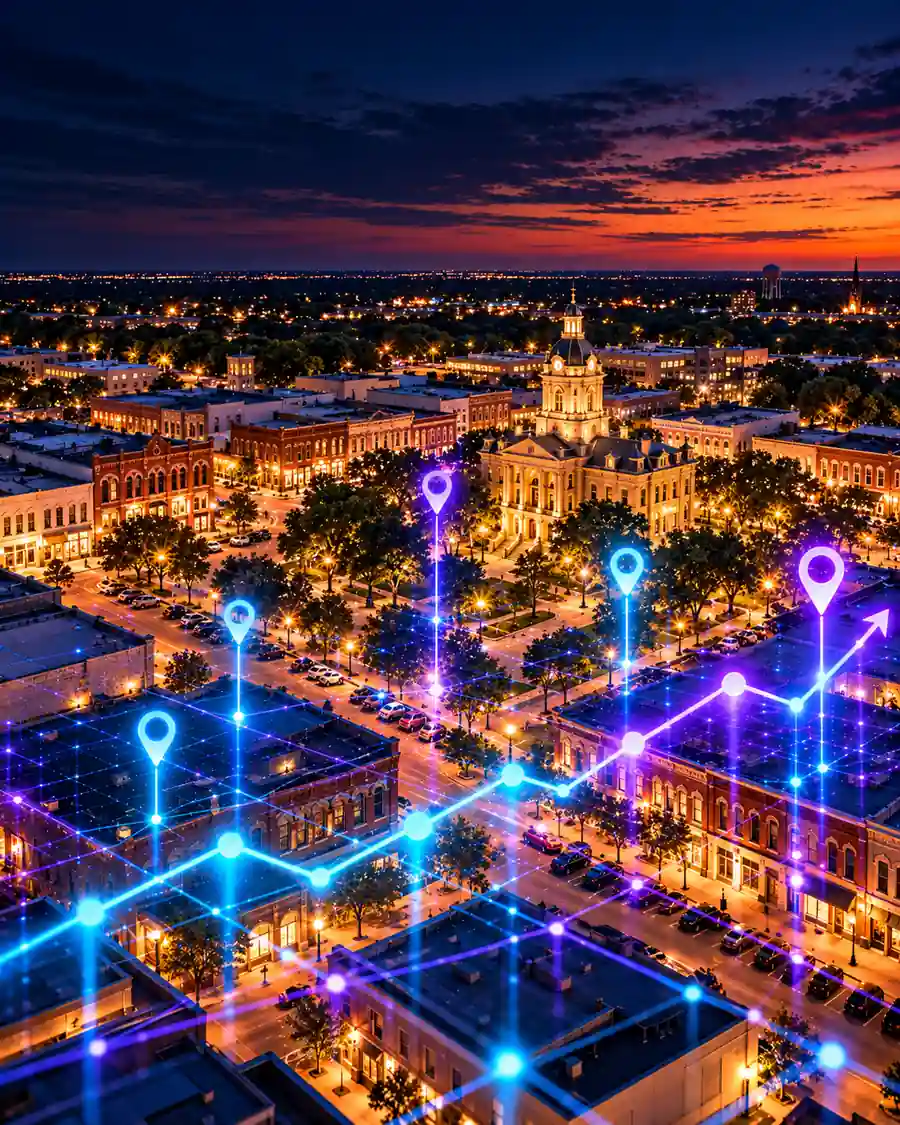 The historic downtown McKinney square at dusk with the Collin County courthouse, overlaid with illustrated map pins and a rising trend line.