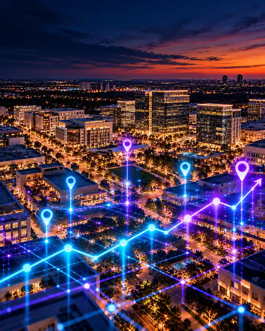 The Legacy West district in Plano at dusk, overlaid with illustrated map pins and a rising trend line.