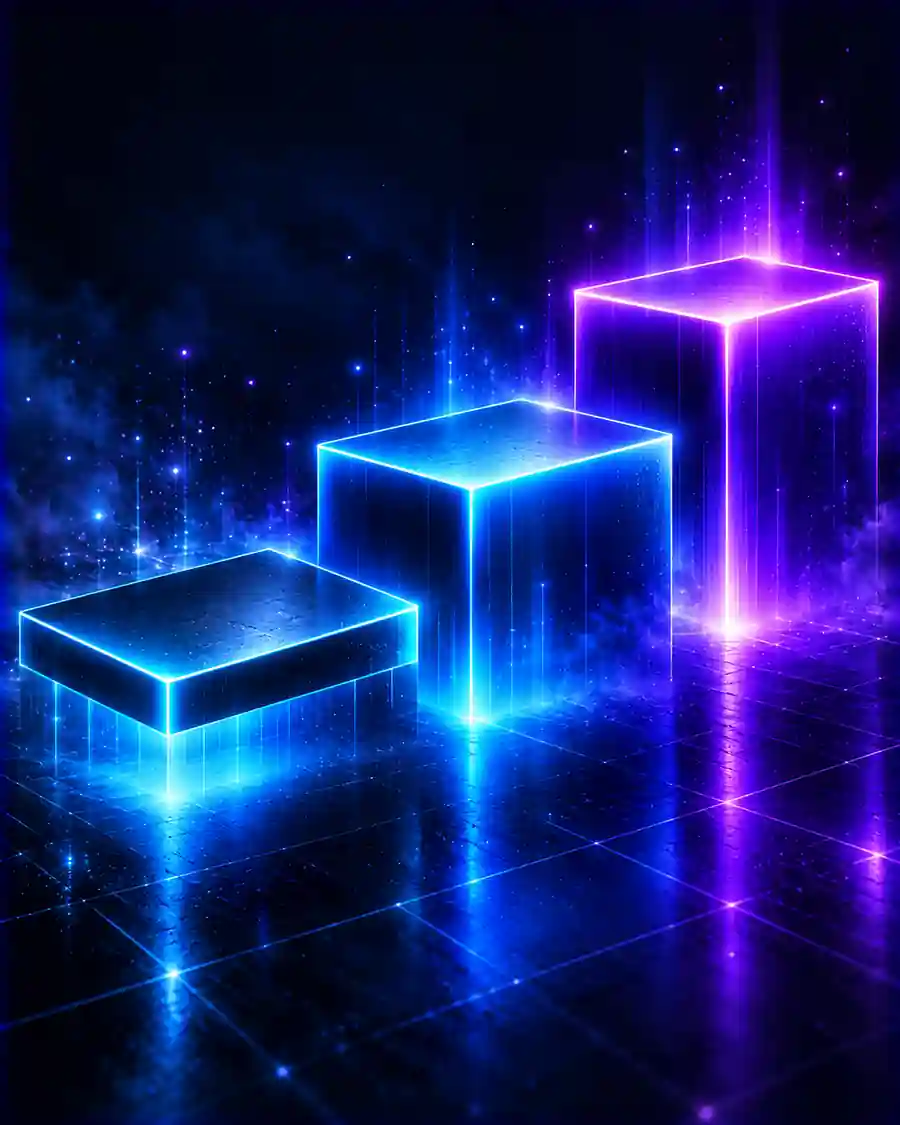 Three glowing platforms rising in steps from left to right.