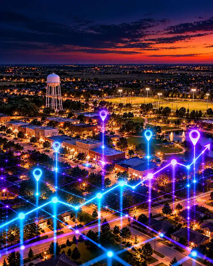The town of Prosper at dusk with its water tower and lit ball fields, overlaid with illustrated map pins and a rising trend line.