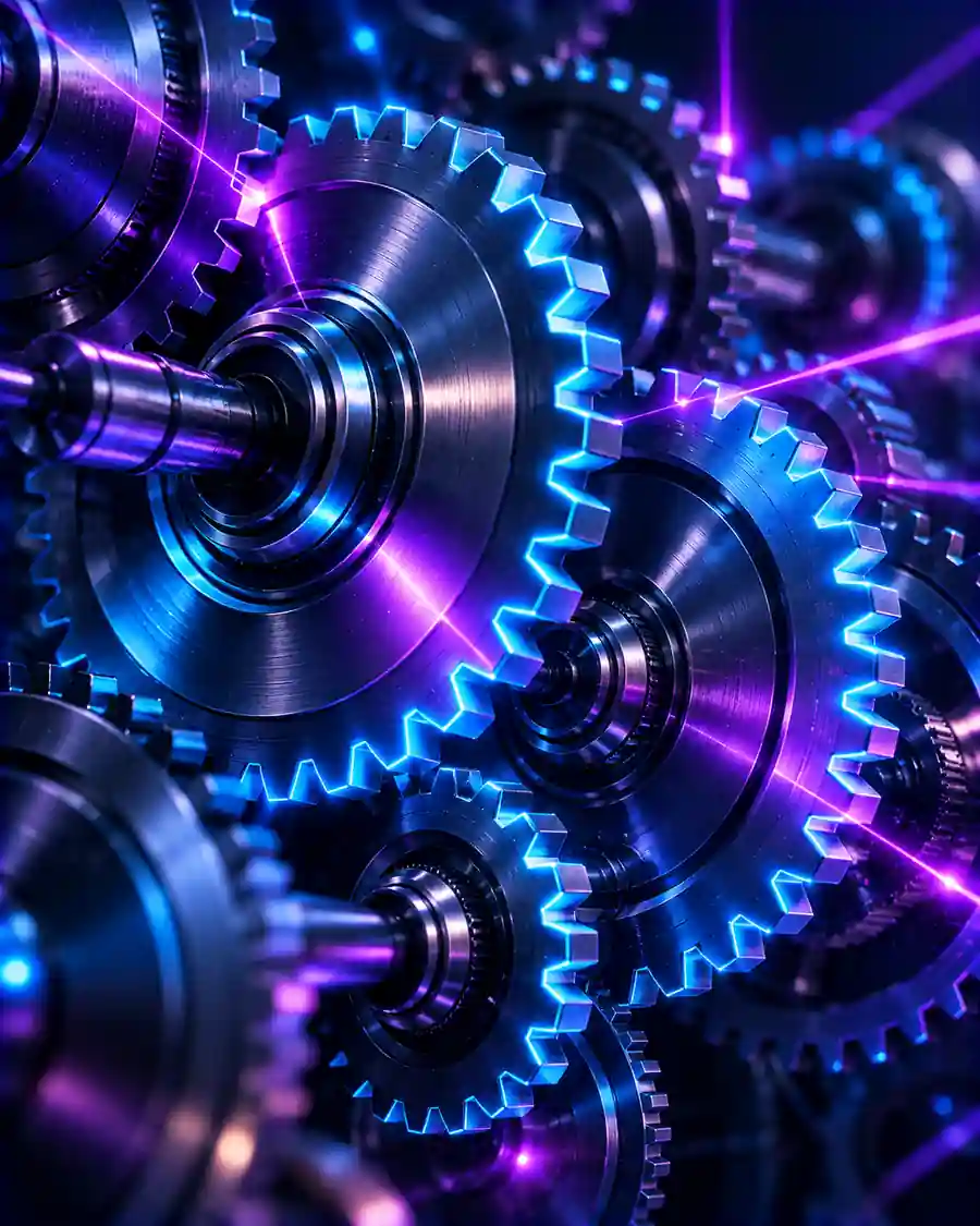 Interlocking precision metal gears lit with diagnostic beams.