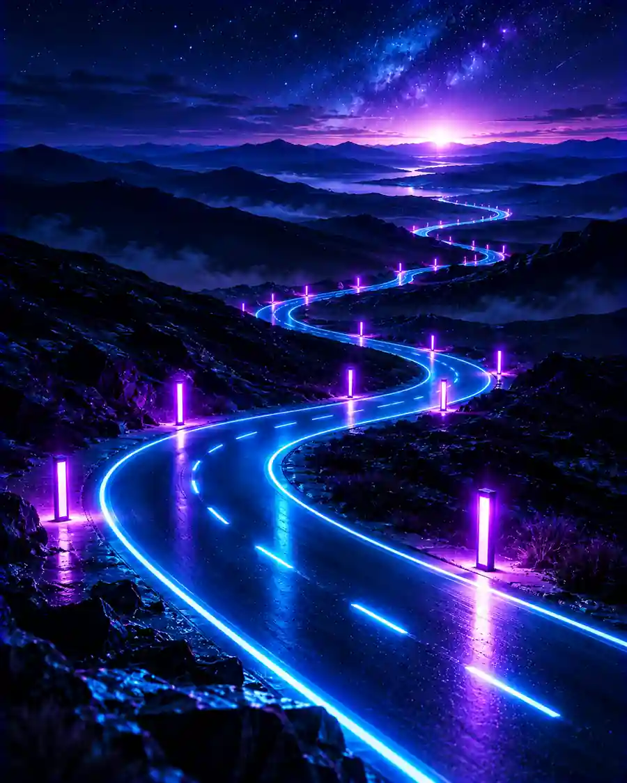 A lit road winding through dark terrain past evenly spaced milestone markers.