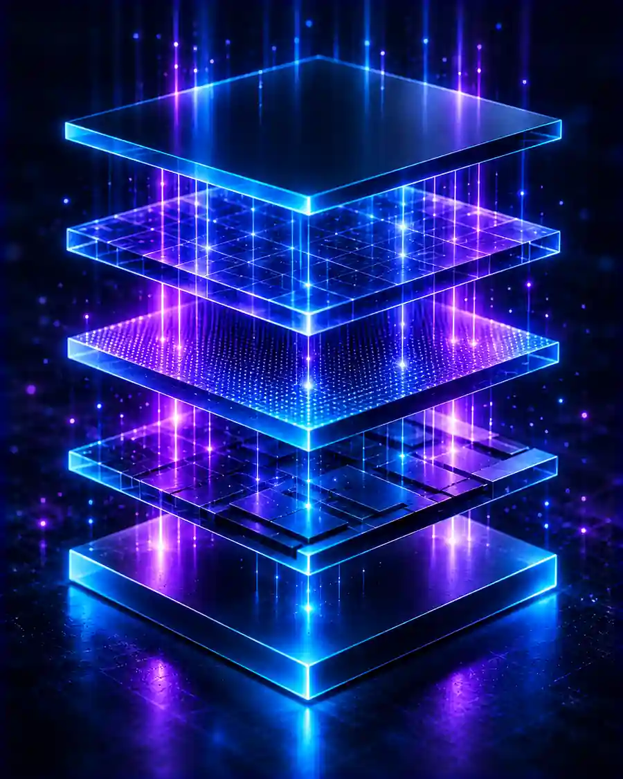 An exploded view of five stacked layers connected by vertical lines, representing a website's structure.