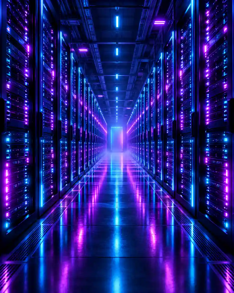 A data center aisle lined with server racks and rows of status lights.