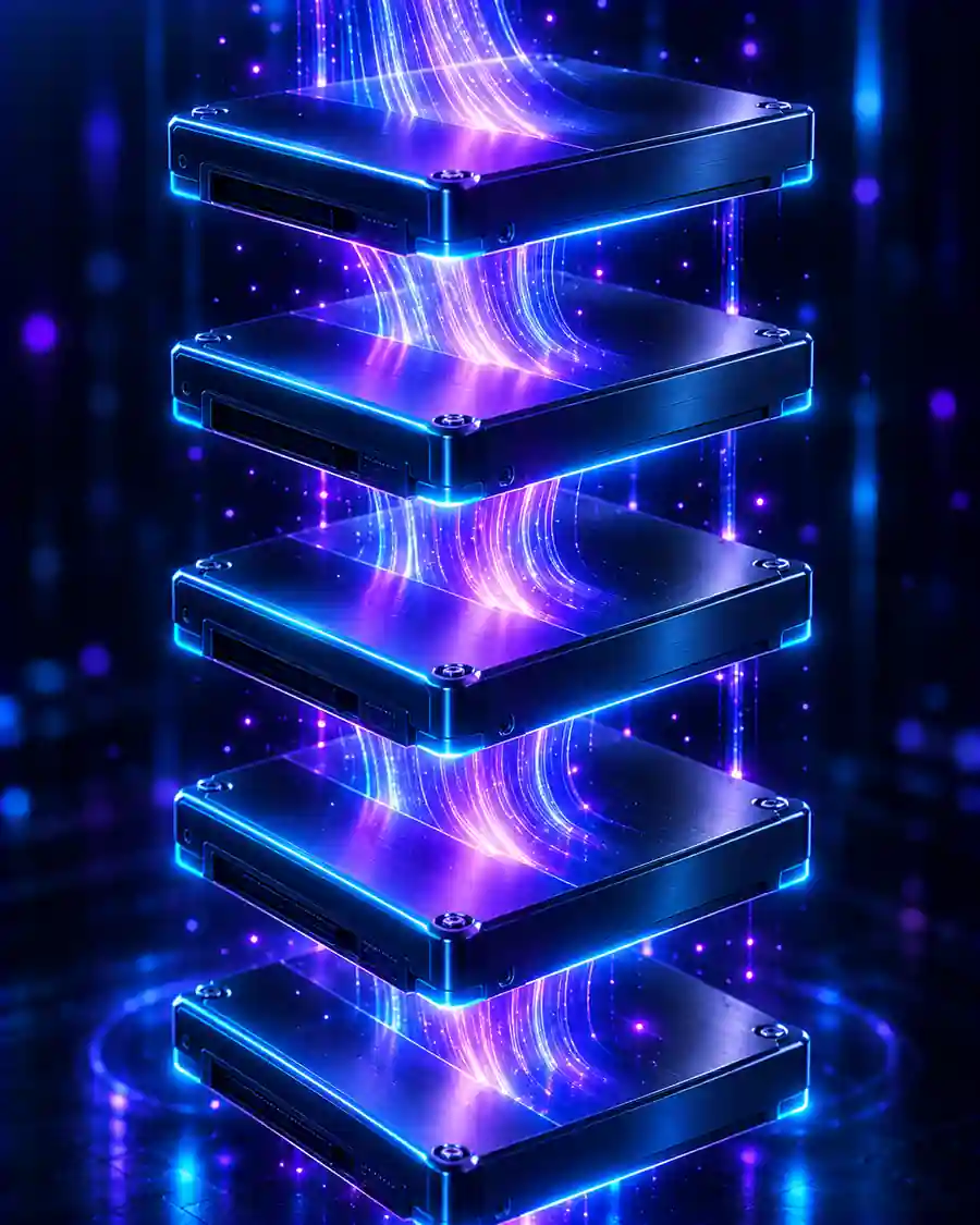 A stack of storage drives with light trails flowing between them.