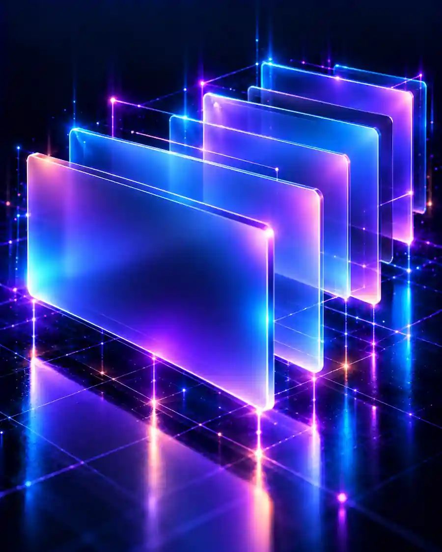 Translucent interface panels stacked in layers and lit from the edges.
